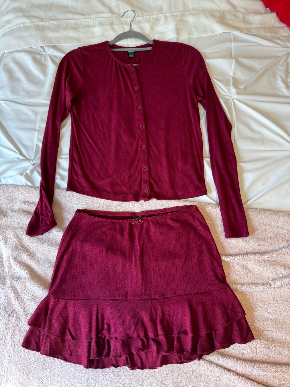 Burgundy Two-Piece Ruffle Hem Skort and Cardigan Set